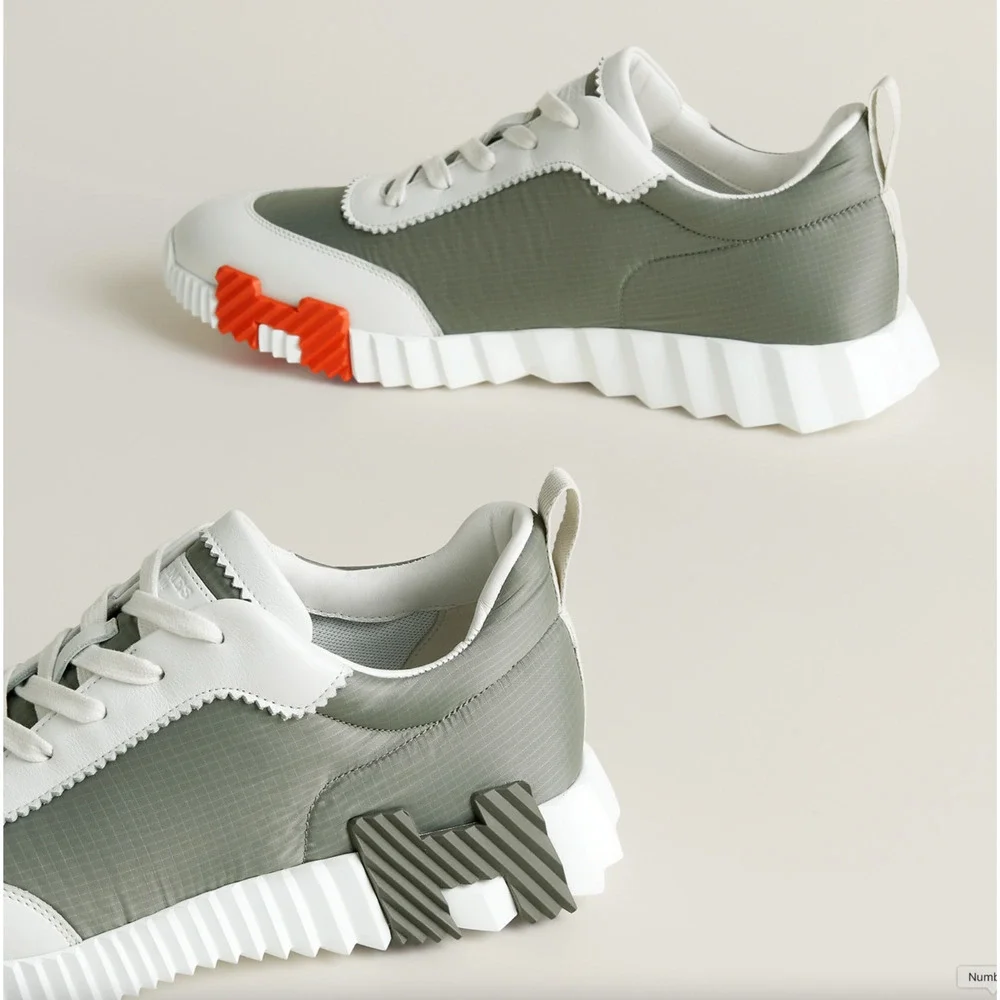 Hermes Mens Bouncing Sneaker Etoupe Blanc White Grey H Logo Lace Up Flat 44 11 - Picture 6 of 16